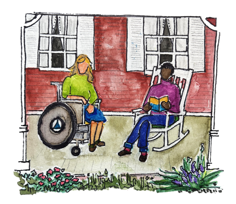 Drawing of a person in a wheelchair sitting on the front porch of The Wilson House with another person in a rocking chair